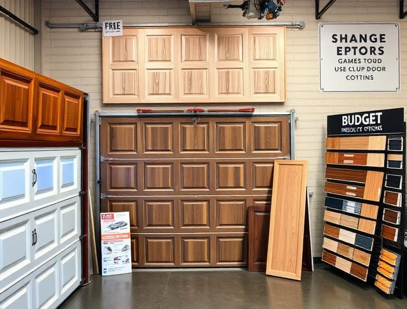 Comparison of various garage door styles and materials showing different price points and quality levels
