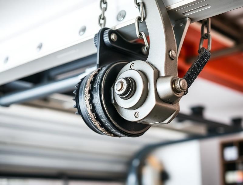 Close-up of garage door chain drive mechanism being maintained by a technician