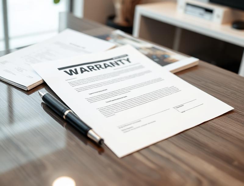 Homeowner reviewing warranty paperwork with a garage door technician in front of a new installation