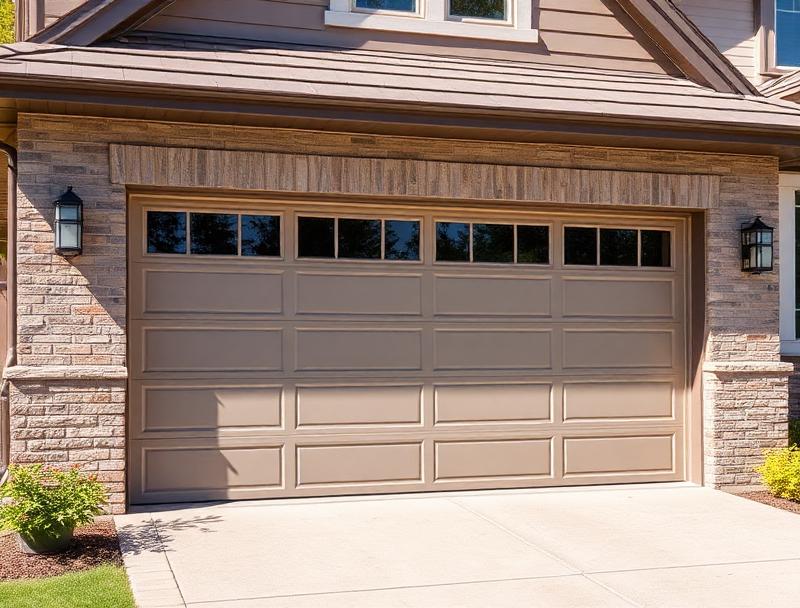 Modern insulated steel garage door with window panels on suburban home