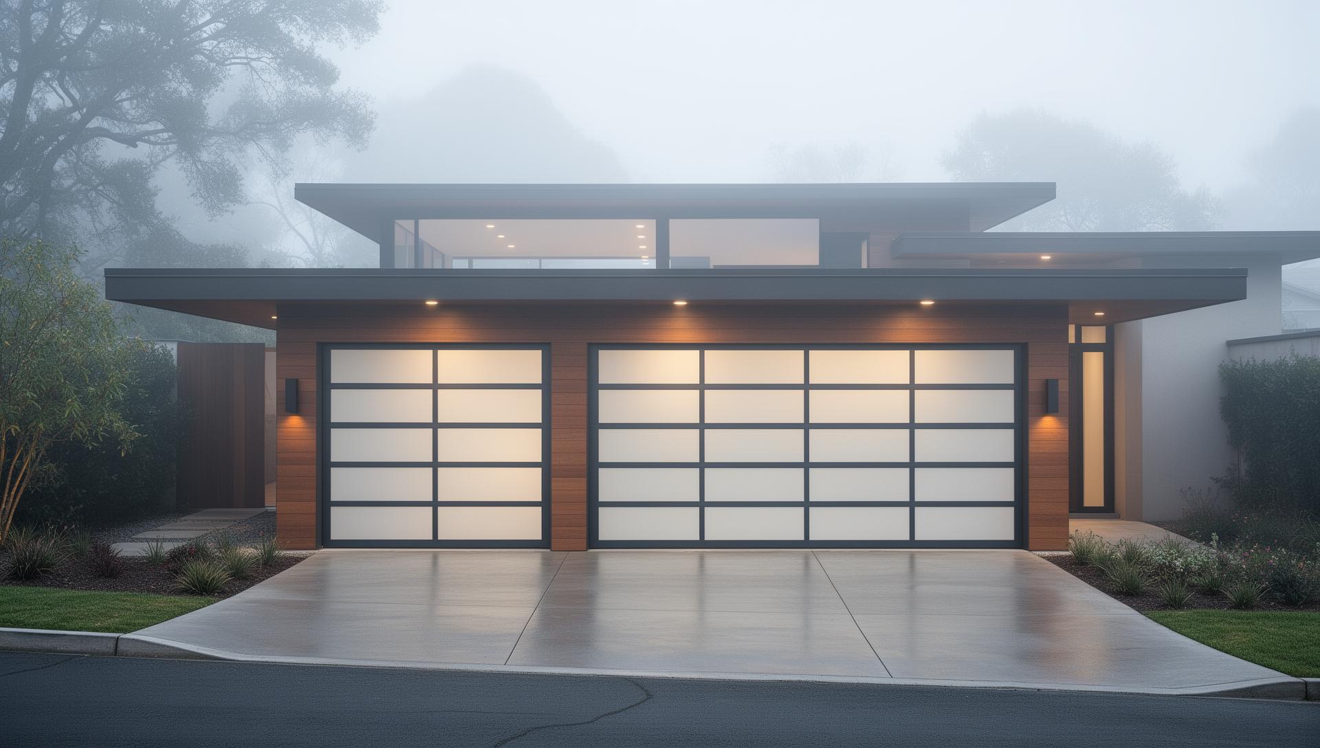 Modern sleek steel garage doors with frosted glass panels on mid-century home