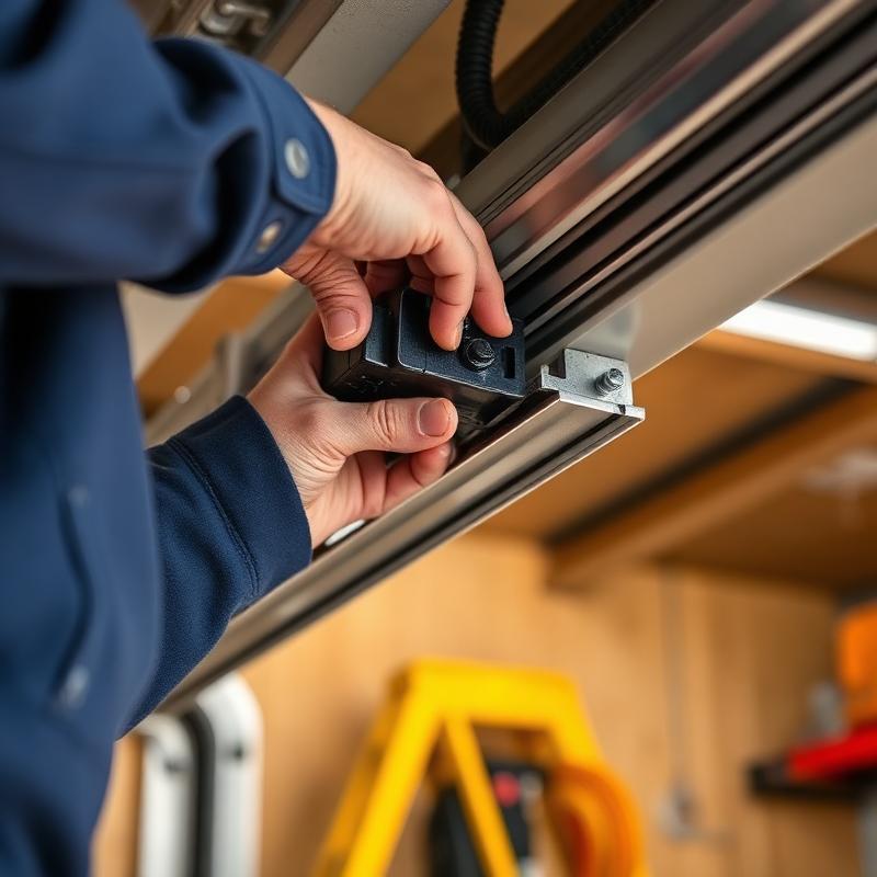 Technician hands adjusting garage door track alignment