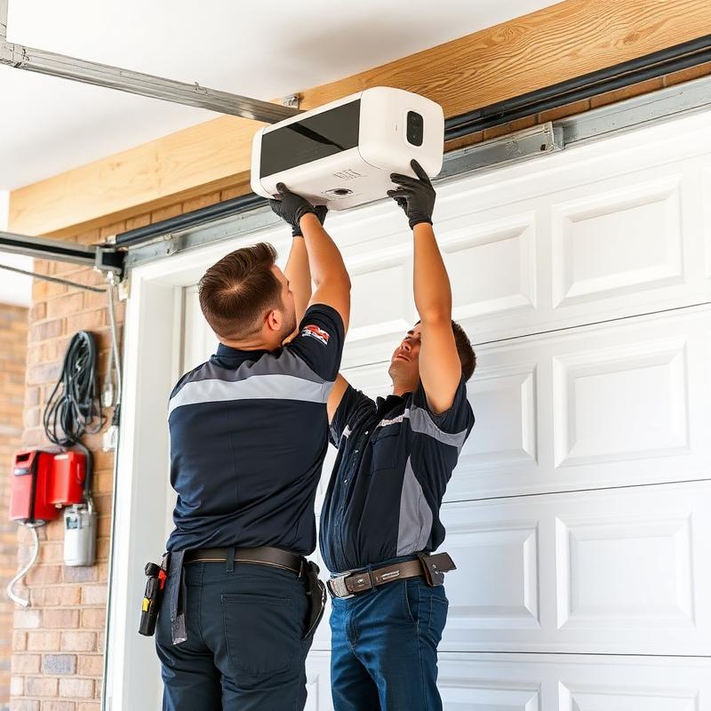 Professional repair team installing new garage door opener